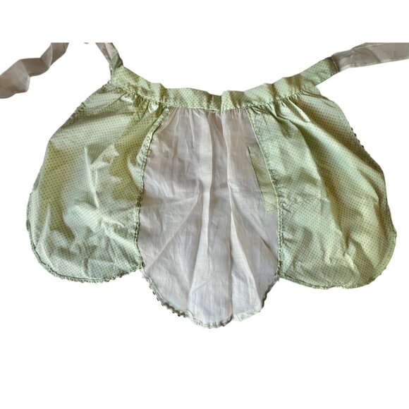 Vintage Green Polka Dot Apron Lace Pocket Scalloped Edges White Silk Organza - Picture 5 of 10
